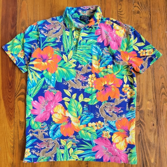 POLO RALPH LAUREN MEN SHIRT FEATHERWEIGHT MESH DRAGON HAWAIIAN BLUE ORANGE VTG L - Picture 2 of 8
